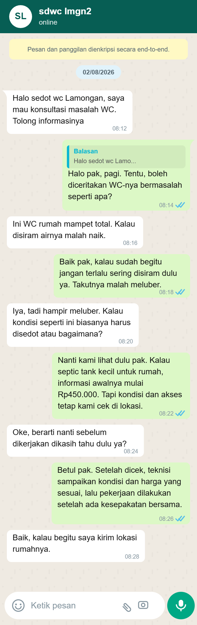Testimoni WhatsApp Sedot WC Lamongan 1