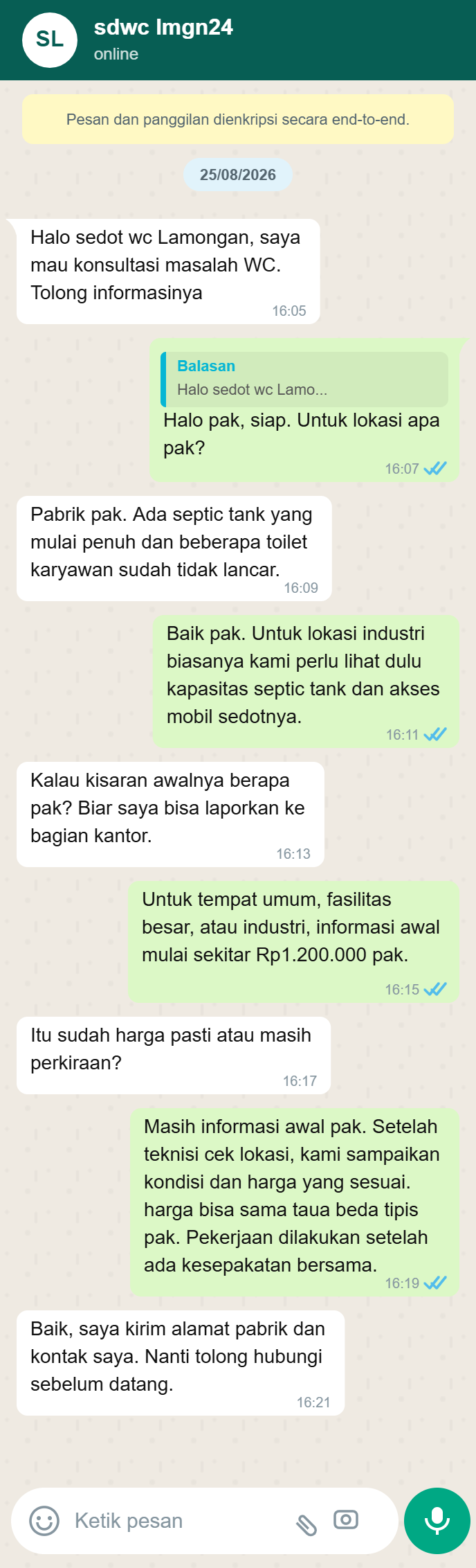 Testimoni WhatsApp Sedot WC Lamongan 5