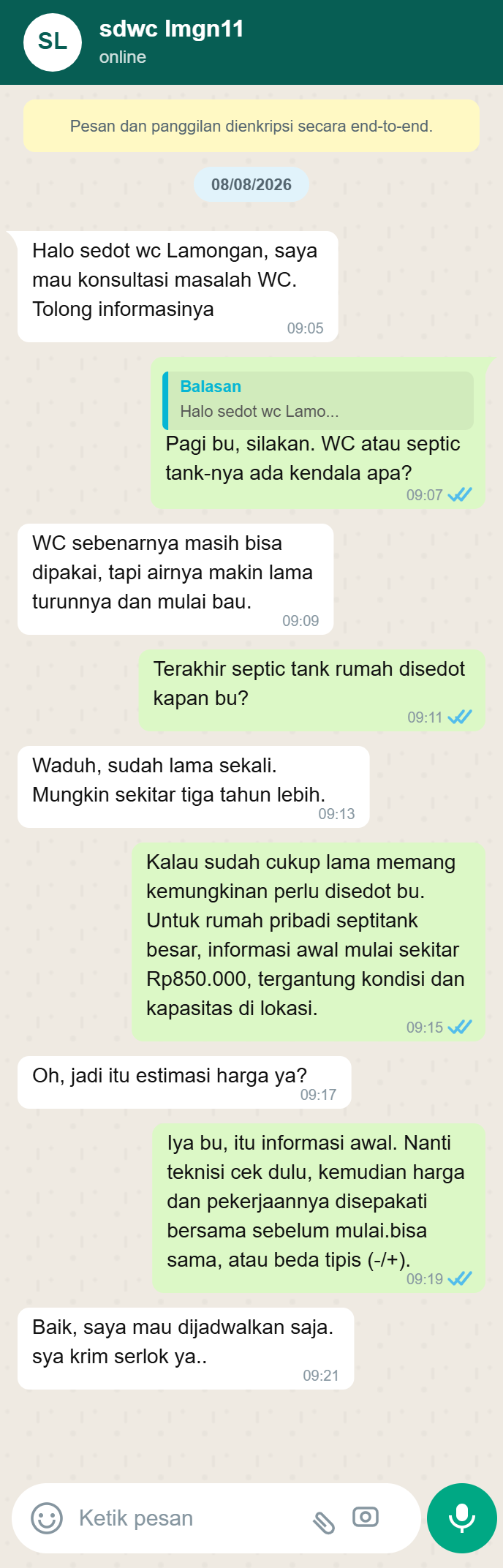 Testimoni WhatsApp Sedot WC Lamongan 2