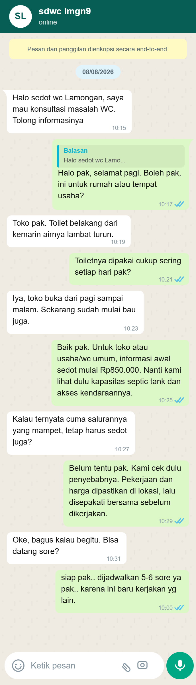 Testimoni WhatsApp Sedot WC Lamongan 3