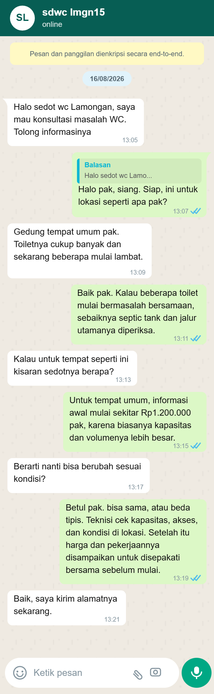 Testimoni WhatsApp Sedot WC Lamongan 4
